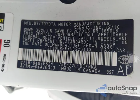 2019 Toyota Corolla Le z USA, uszkodzony, nr VIN 2T1BURHEXKC226413